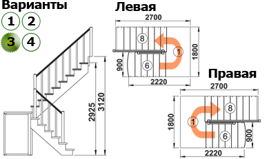 Лестница  К-004м/3 Л с подступенками сосна  (7 уп)