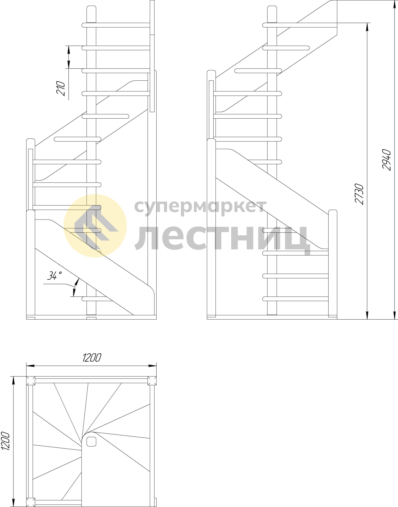 Деревянная межэтажная лестница ЛЕС-1,2 ВУ